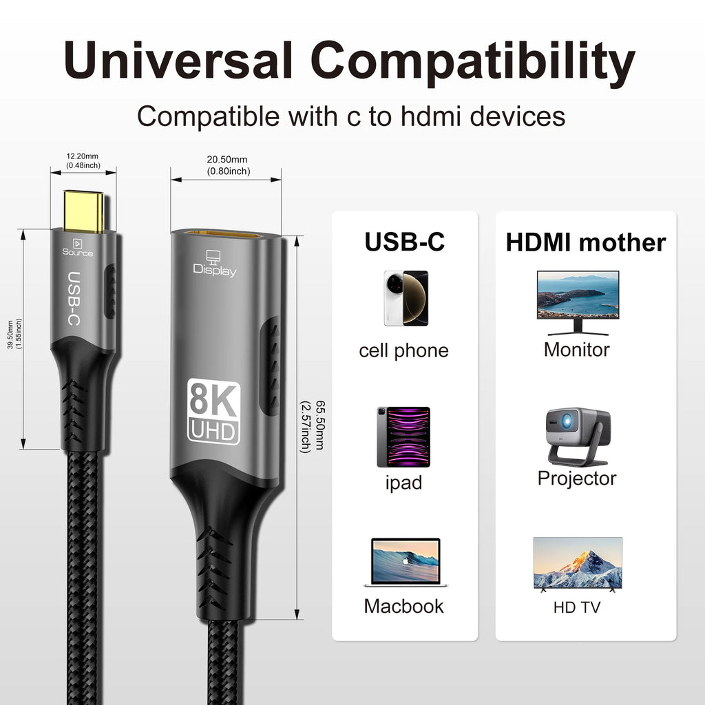 Type C to HDMI Extension Cable 8K@60Hz 4K@120Hz C to HDMI Adapter 32.4Gbps For Laptop MacBook PC Phone to TV Monitor