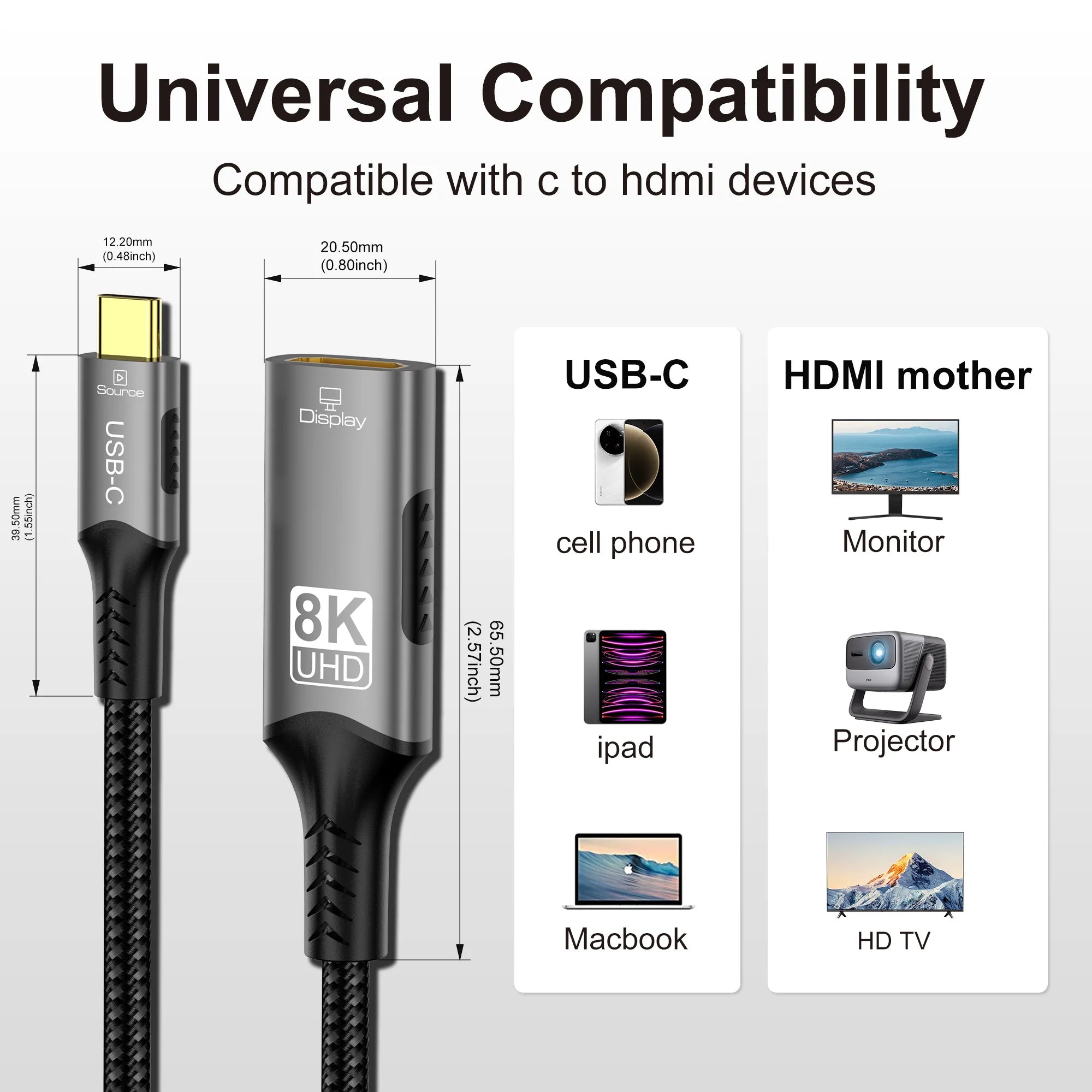 Type C to HDMI Extension Cable 8K@60Hz 4K@120Hz C to HDMI Adapter 32.4Gbps For Laptop MacBook PC Phone to TV Monitor