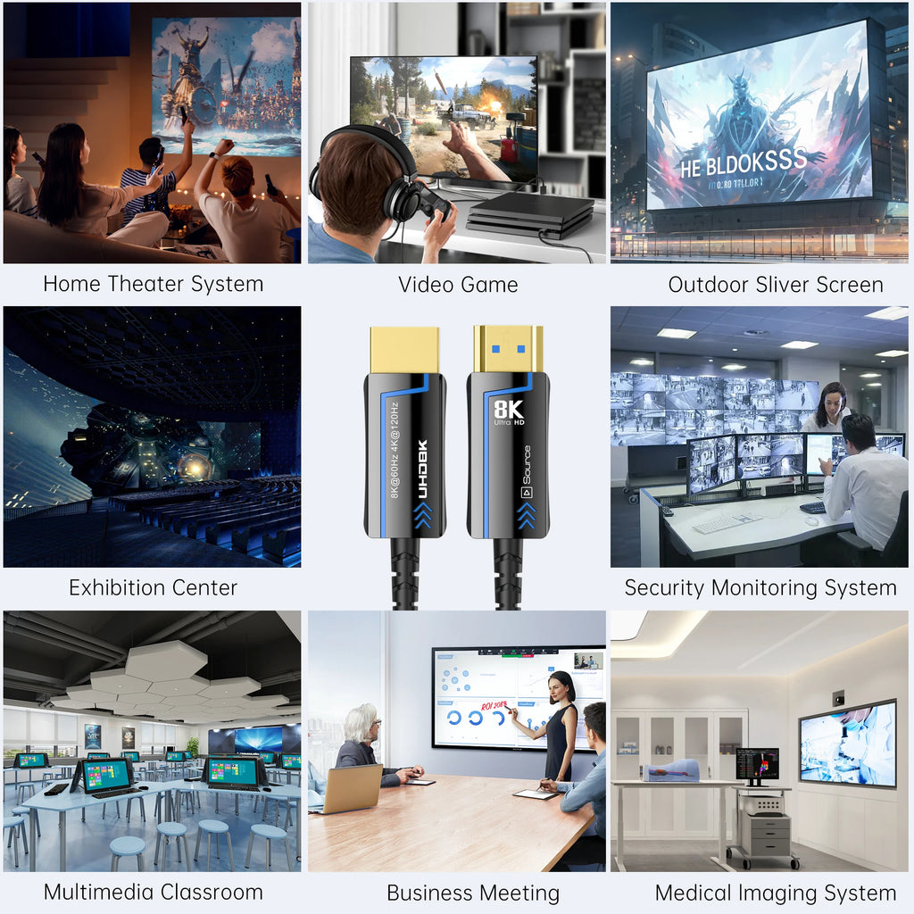 8K 60Hz Ultra High Speed Fiber Optic HDMI Cable, version 2.1. Supports 48Gbps, and 4K 120Hz HDR eARC 3D TV. Available in 2Meter, 5Meter, 10Meter, 15Meter, 20Meter, 30Meter, and 50Meter For HDMI over long distance.