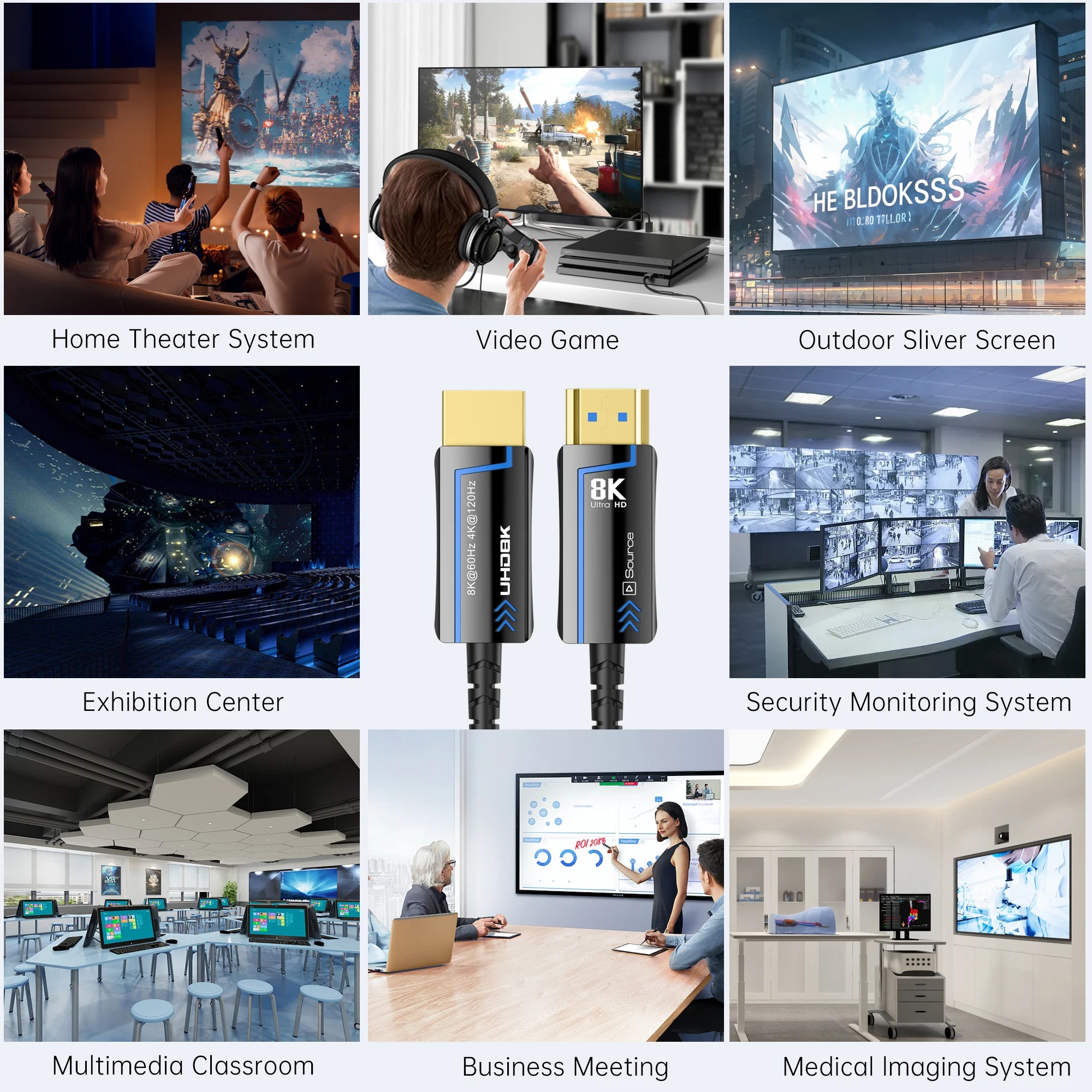 8K 60Hz Ultra High Speed Fiber Optic HDMI Cable, version 2.1. Supports 48Gbps, and 4K 120Hz HDR eARC 3D TV. Available in 2Meter, 5Meter, 10Meter, 15Meter, 20Meter, 30Meter, and 50Meter For HDMI over long distance.