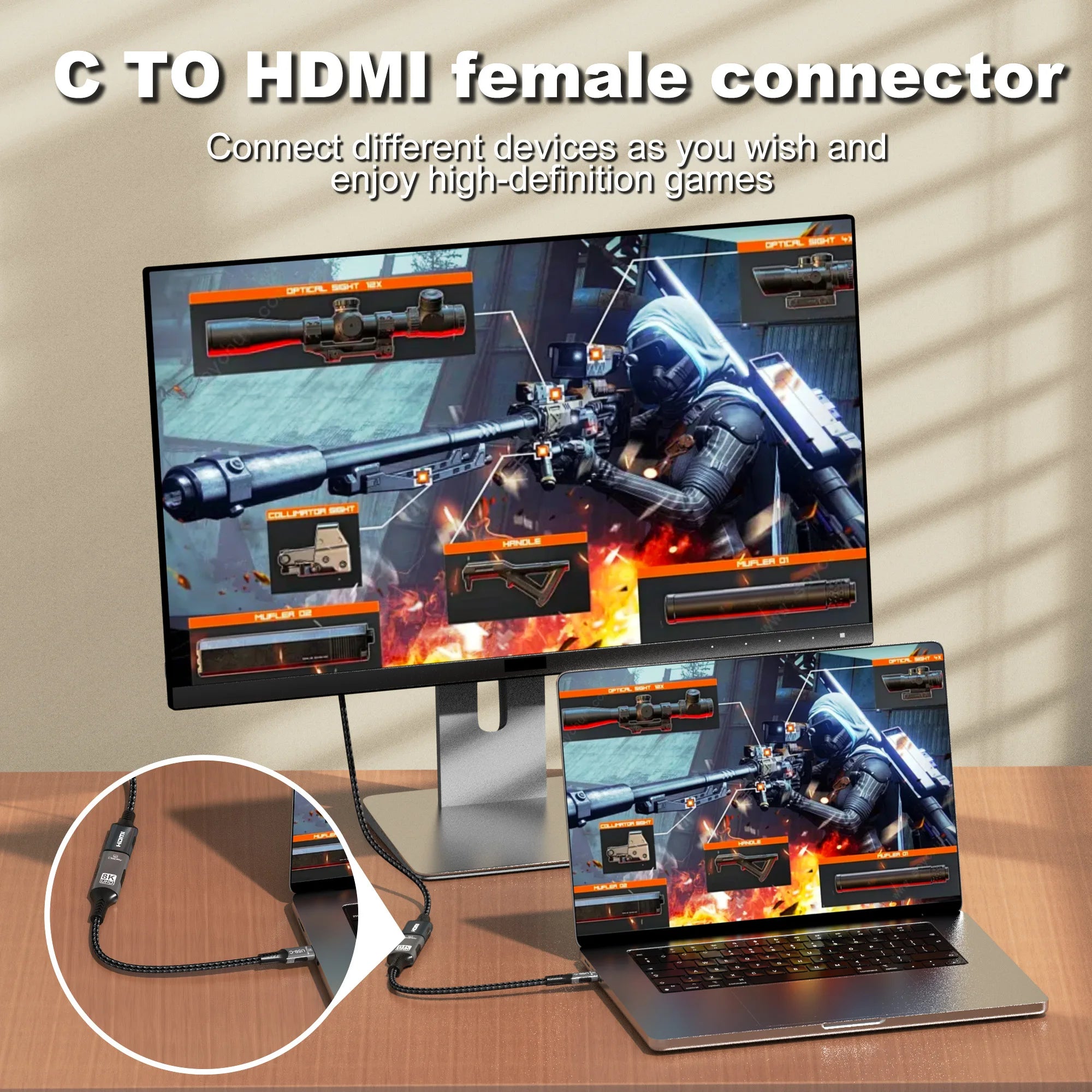 Type C to HDMI Extension Cable 8K@60Hz 4K@120Hz C to HDMI Adapter 32.4Gbps For Laptop MacBook PC Phone to TV Monitor