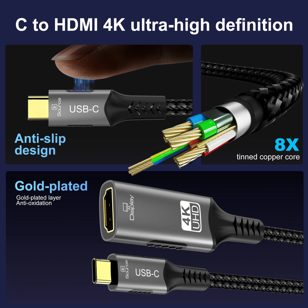 Type C to HDMI Extension Cable 8K@60Hz 4K@120Hz C to HDMI Adapter 32.4Gbps For Laptop MacBook PC Phone to TV Monitor