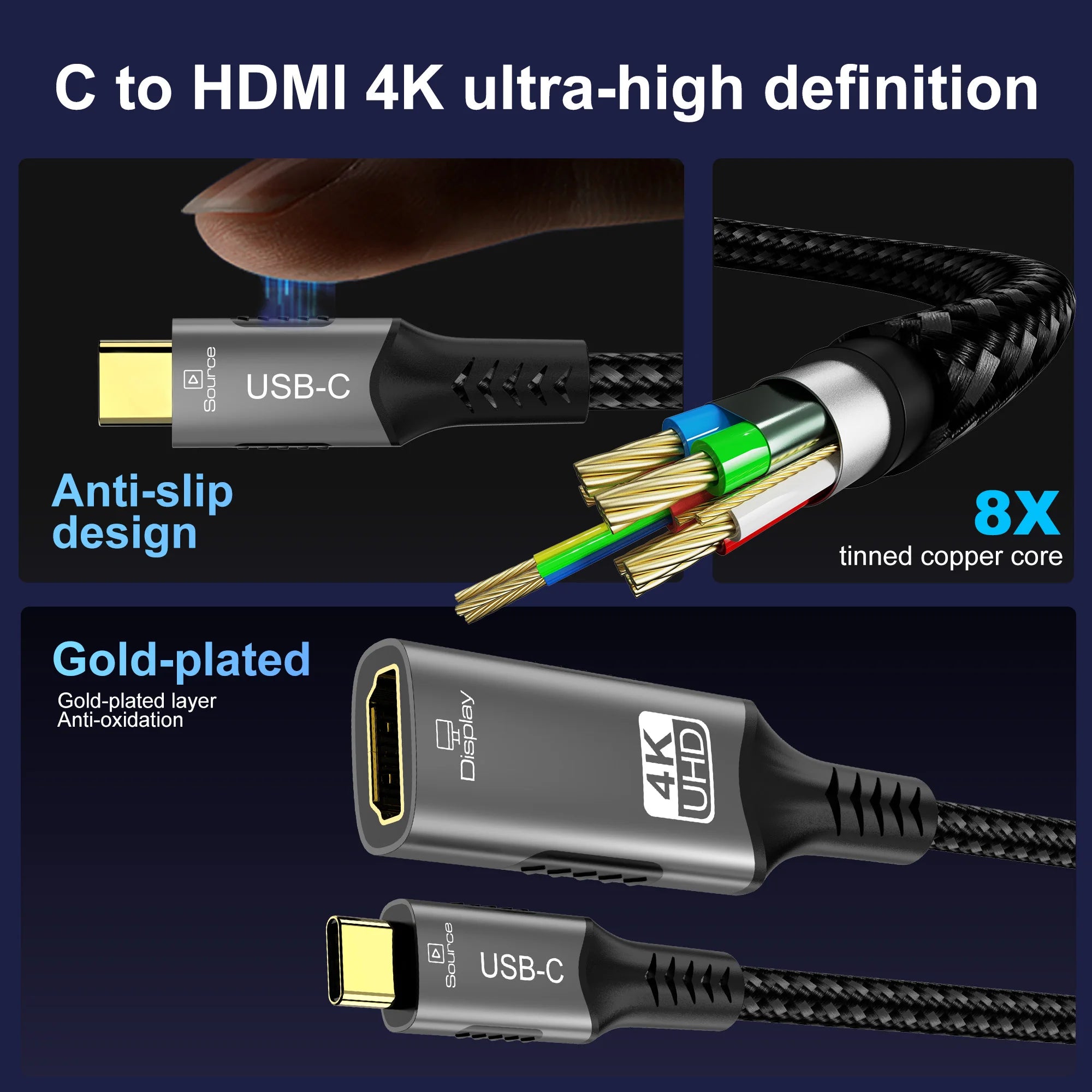 Type C to HDMI Extension Cable 8K@60Hz 4K@120Hz C to HDMI Adapter 32.4Gbps For Laptop MacBook PC Phone to TV Monitor