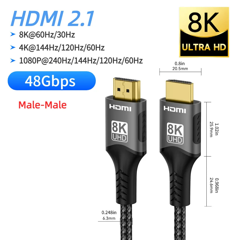 8K HDMI 2.1 Extension cable. Supports 8K@60Hz, 4K@120Hz.  Works with HDTV, RTX, PS5 TV Xbox eARC HDR Video PC Laptop and more.