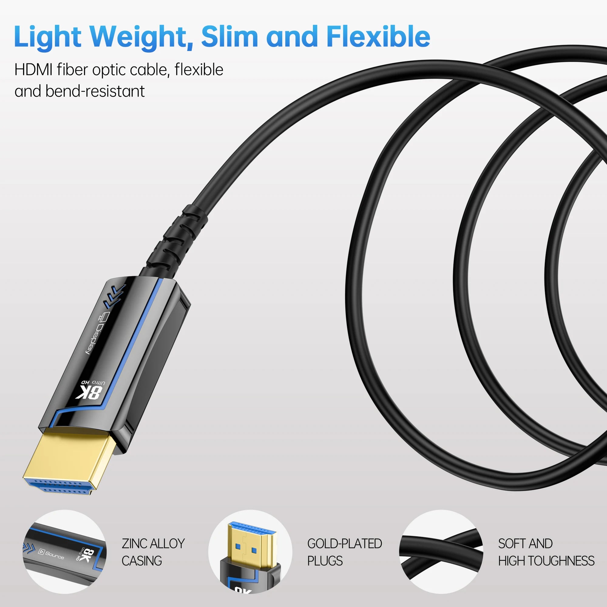 8K 60Hz Ultra High Speed Fiber Optic HDMI Cable, version 2.1. Supports 48Gbps, and 4K 120Hz HDR eARC 3D TV. Available in 2Meter, 5Meter, 10Meter, 15Meter, 20Meter, 30Meter, and 50Meter For HDMI over long distance.