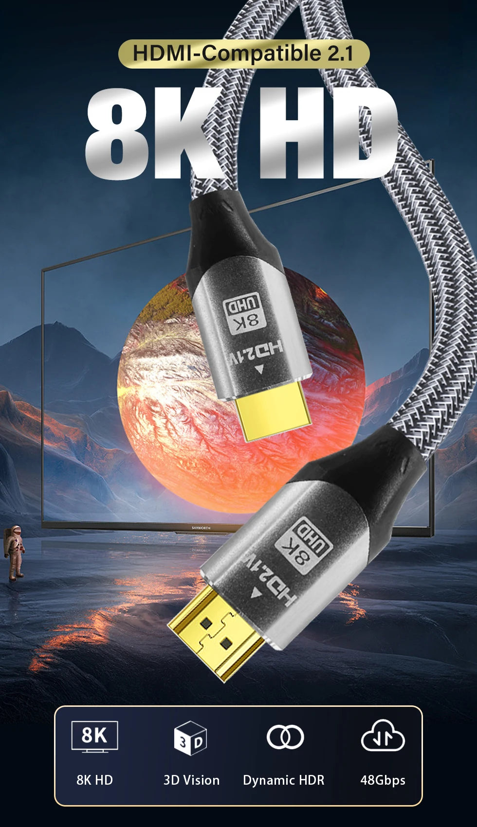 UHD 8K HDMI Cable. 48Gbps High Speed HDMI Cable, version 2.1, Supports 4K @120Hz, 8K @60Hz.  For use with HDTV ,Laptop,  Projector Available in lenghths :5meter 8meter 10meter 12meter
