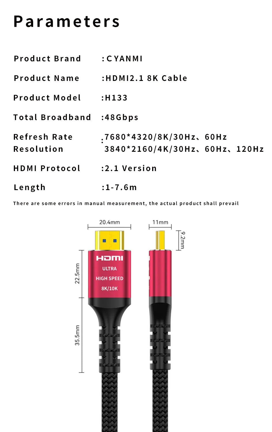 CYANMI 10K 8K HDMI Cable 2.1 48Gbps, 3D 8K60 4K120Hz HDMI Cord eARC HDR10 HDCP 2.2&2.3 Compatible with Roku TV/PS5/HDTV/Blu-ray