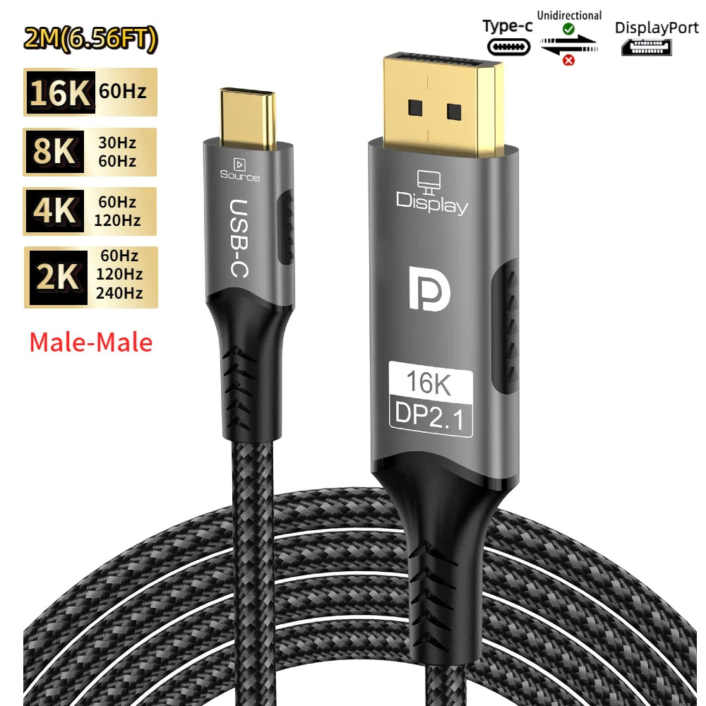 16K Type-C to DP 2.1 USB C to DisplayPort Cable 16K@30Hz 8K@60Hz For Thunderbolt 4/3 54Gpbs MacBook Huawei Air Projector PC TV