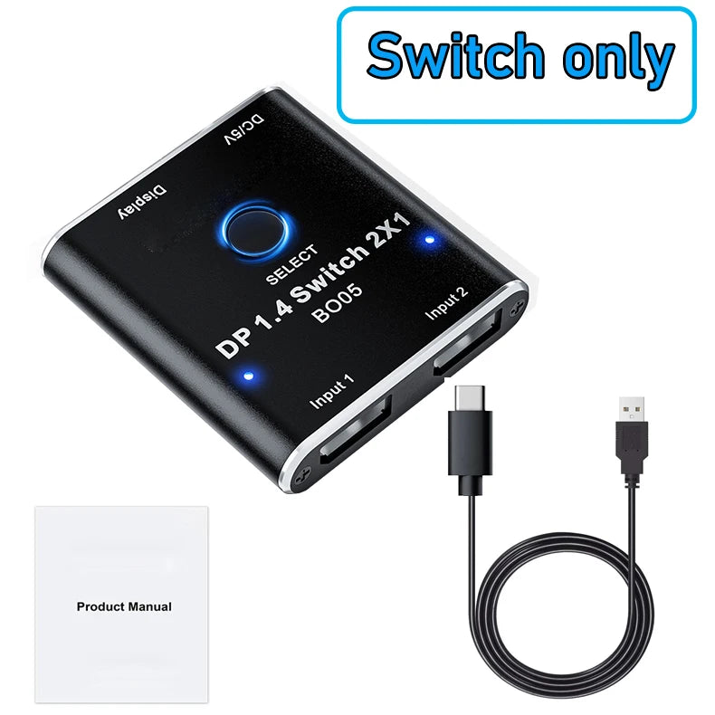 DisplayPort Switch 2 in 1 out DisplayPort 1.4 Video Selector Switcher 2X1 8K 60Hz 5K 120Hz 4K 144Hz for PC Laptop Monitor