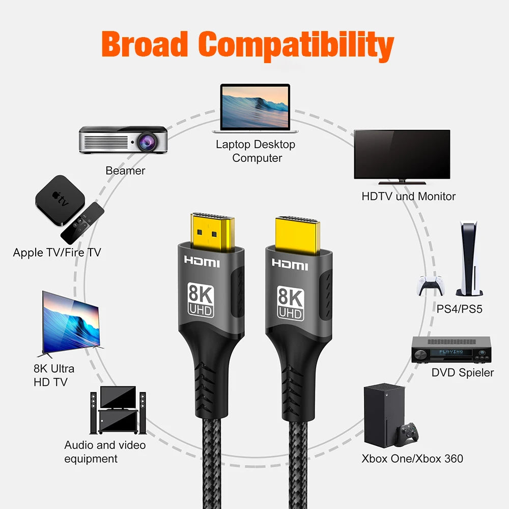 HDMI Cable version 2.1 supports 8K @60Hz 4K @120Hz, 48Gbps Adapter For HDTV RTX 3080 eARC HDR Video Cable  for PC Laptop CATV box and PS4/PS5