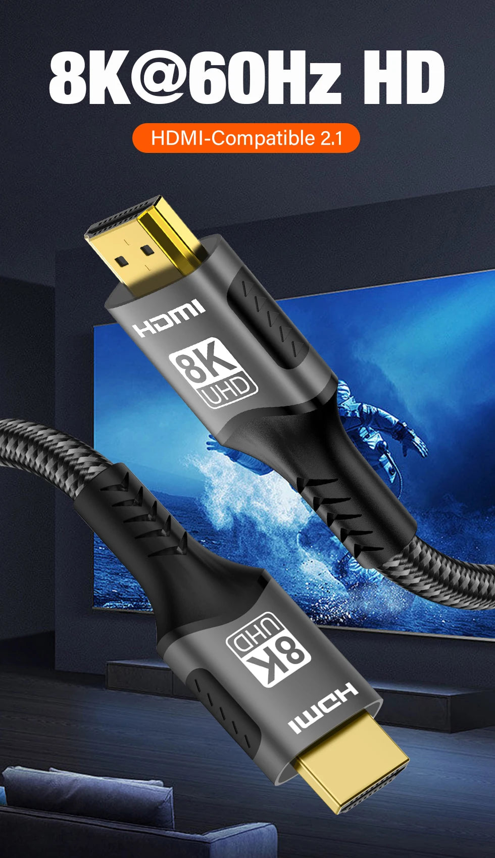 HDMI Cable version 2.1 supports 8K @60Hz 4K @120Hz, 48Gbps Adapter For HDTV RTX 3080 eARC HDR Video Cable  for PC Laptop CATV box and PS4/PS5