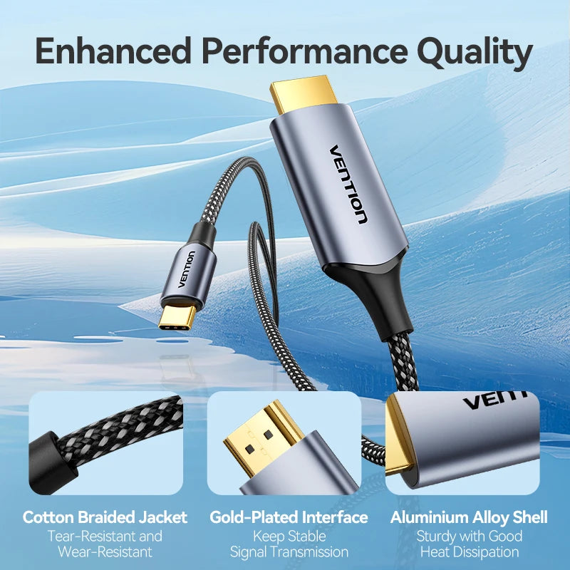 Vention Type C to HDMI-compatible Cable 8K/60Hz 4K/120Hz for MacBook Pro iMac iPad Pro for Samsung Xiaomi USB C to HDMI 2.1