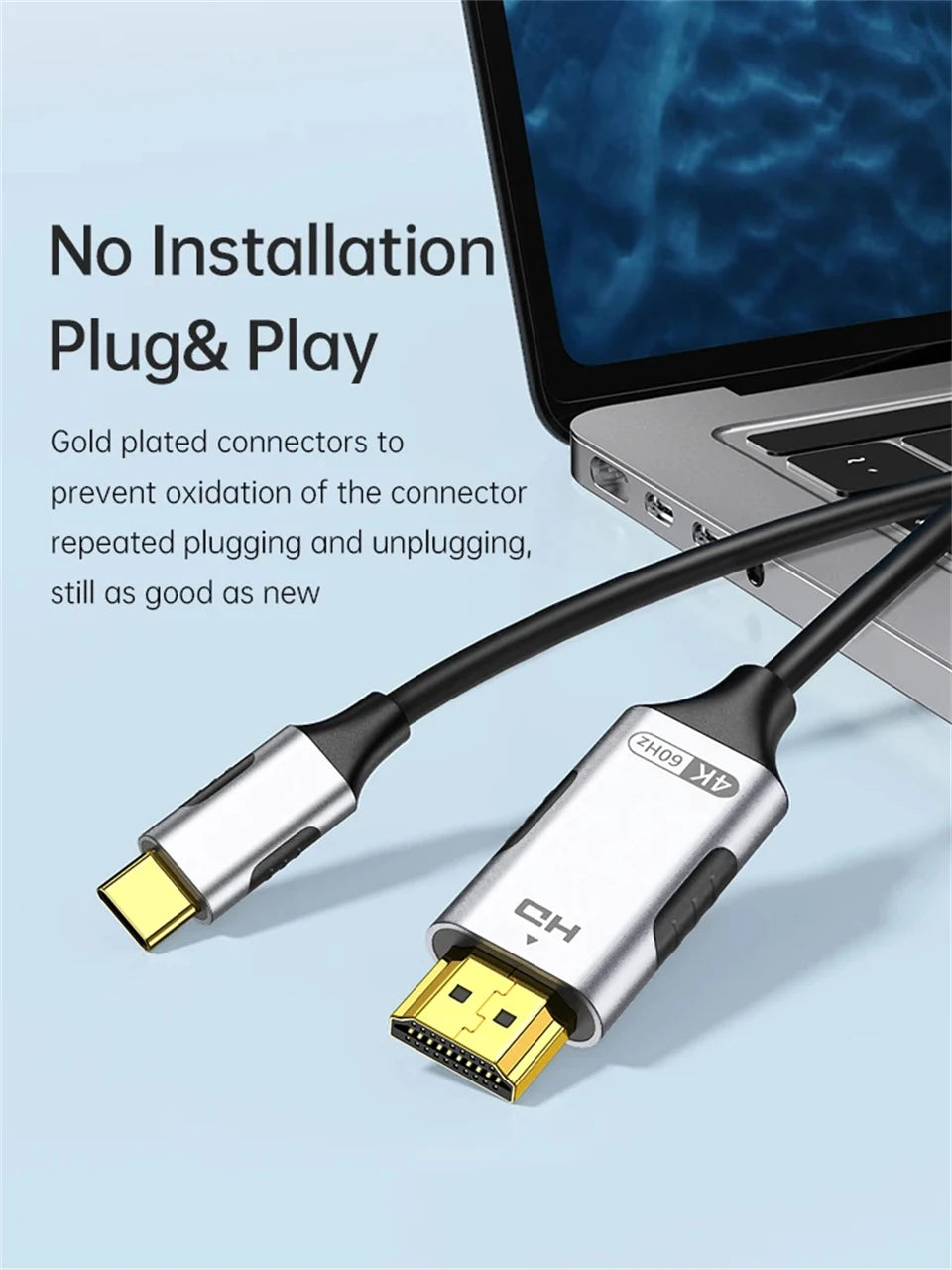 USB C to HDMI-compatible Cable 4K 60Hz 30Hz USB Type C to HDTV 2.1 Thunderbolt 3/4 Cable Adapter for iPhone 16/15 MacBook Huawei
