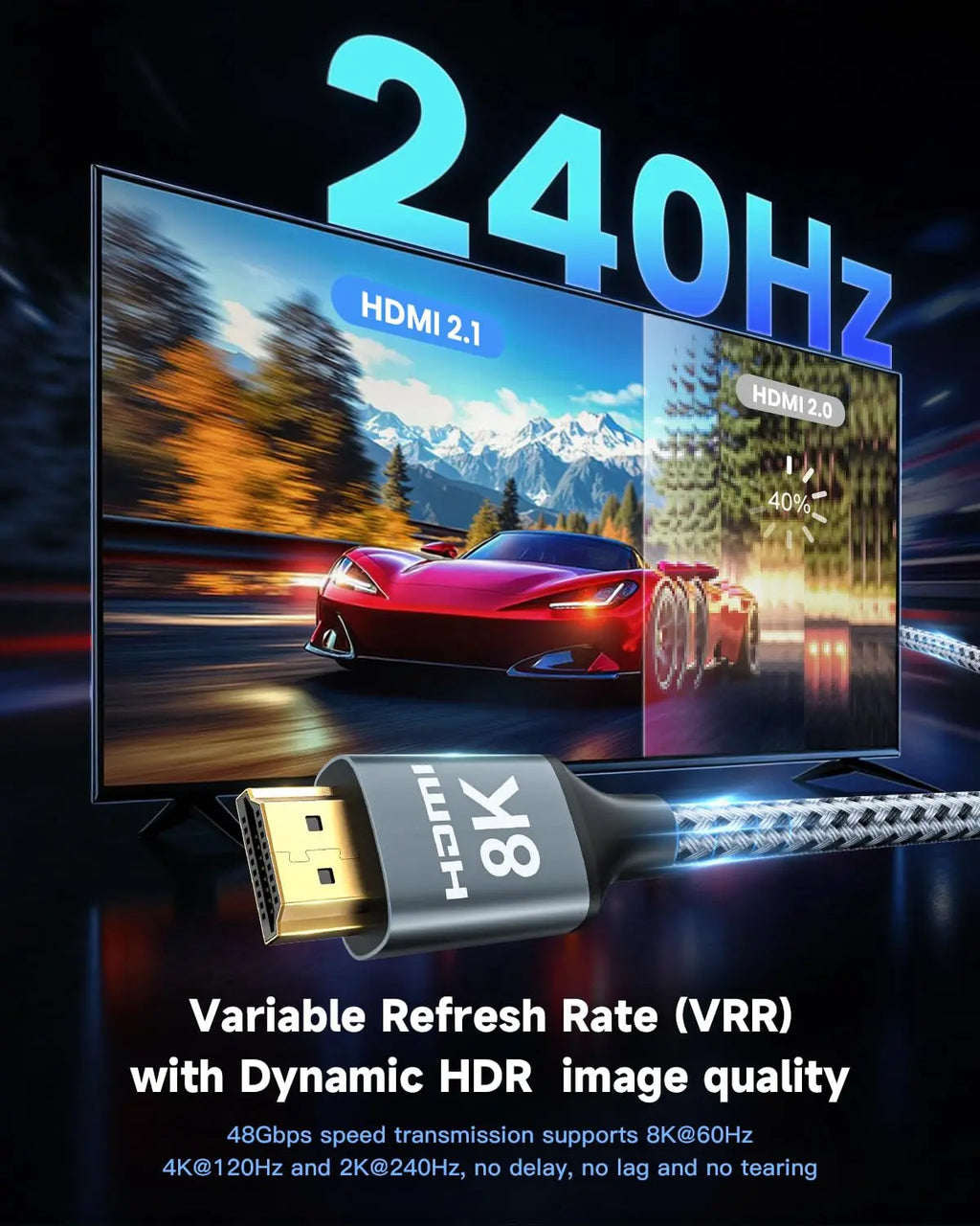 UNTES 8k HDMI 2.1 Cable 8K 60Hz 4K 120Hz HDMI Cable,48Gbps Ultra High-Speed, Compatible with PlayStation 5, Xbox, Samsung TVs ,and More