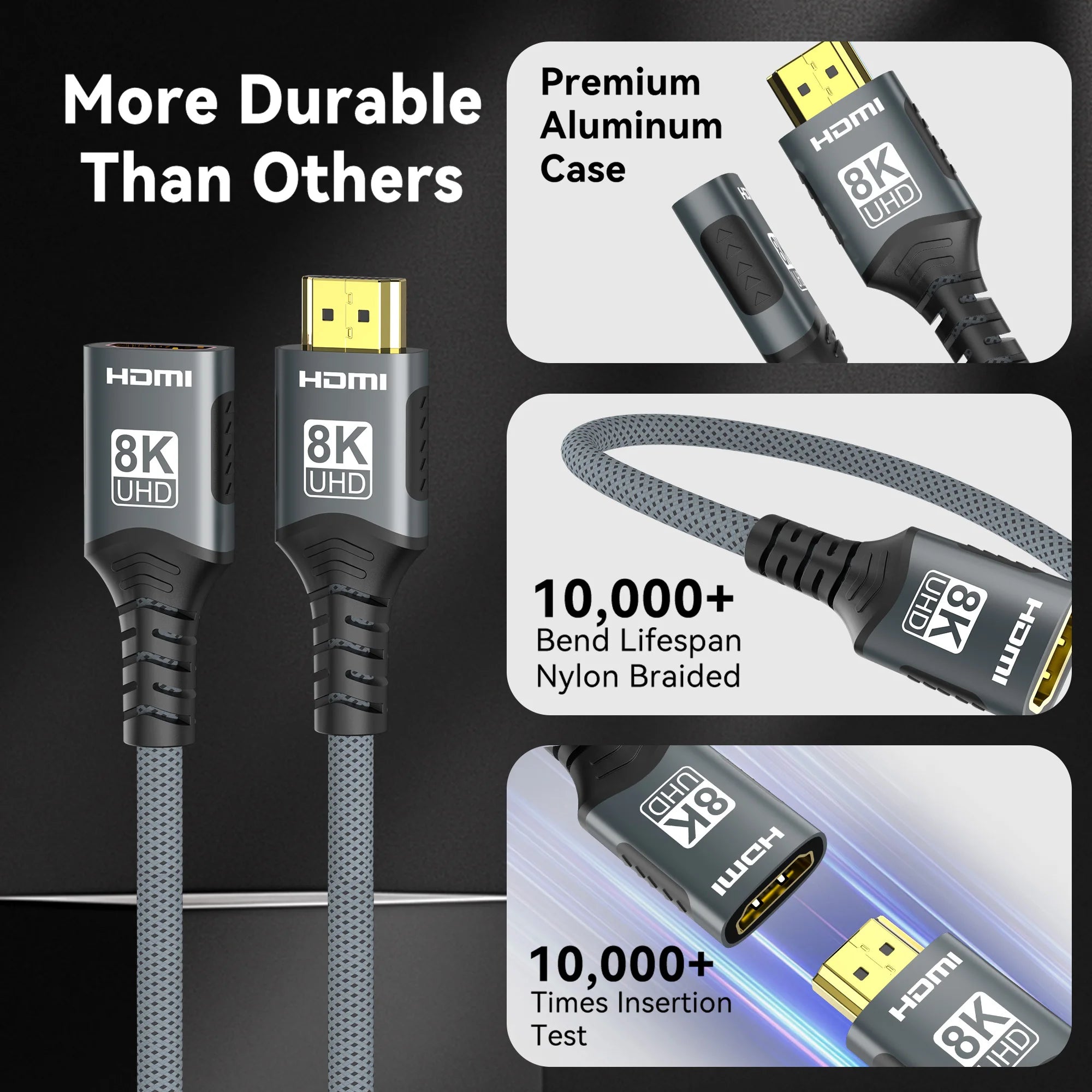 8K HDMI 2.1 Extension cable. Supports 8K@60Hz, 4K@120Hz.  Works with HDTV, RTX, PS5 TV Xbox eARC HDR Video PC Laptop and more.
