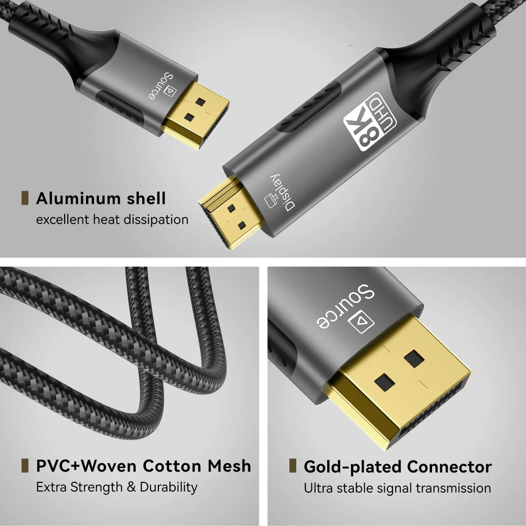 8K DisplayPort to HDMI Compatible Cable 8K@60Hz 4k@120hz DP to HDMI Adapter Display Port Video Audio for PC HDTV Projector Xbox