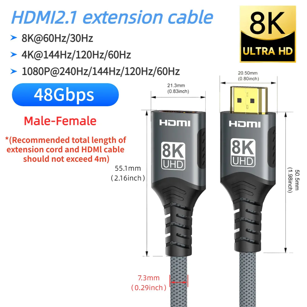 8K HDMI 2.1 Extension cable. Supports 8K@60Hz, 4K@120Hz.  Works with HDTV, RTX, PS5 TV Xbox eARC HDR Video PC Laptop and more.