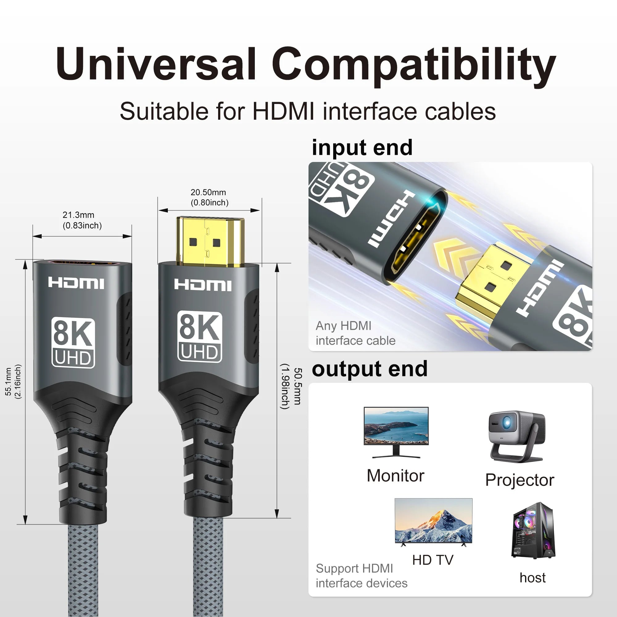 8K HDMI 2.1 Extension cable. Supports 8K@60Hz, 4K@120Hz.  Works with HDTV, RTX, PS5 TV Xbox eARC HDR Video PC Laptop and more.