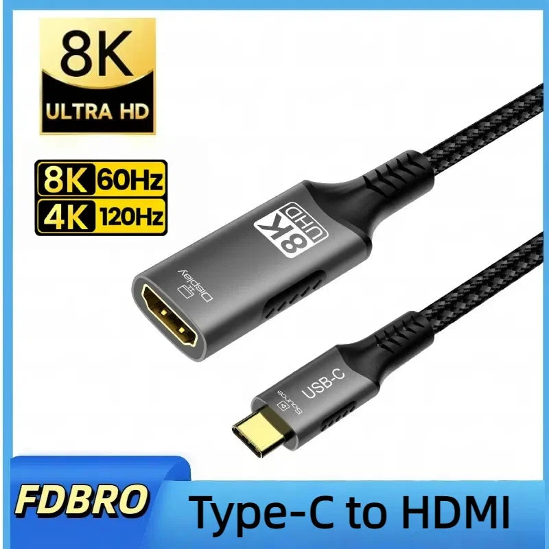 Type C to HDMI Extension Cable 8K@60Hz 4K@120Hz C to HDMI Adapter 32.4Gbps For Laptop MacBook PC Phone to TV Monitor