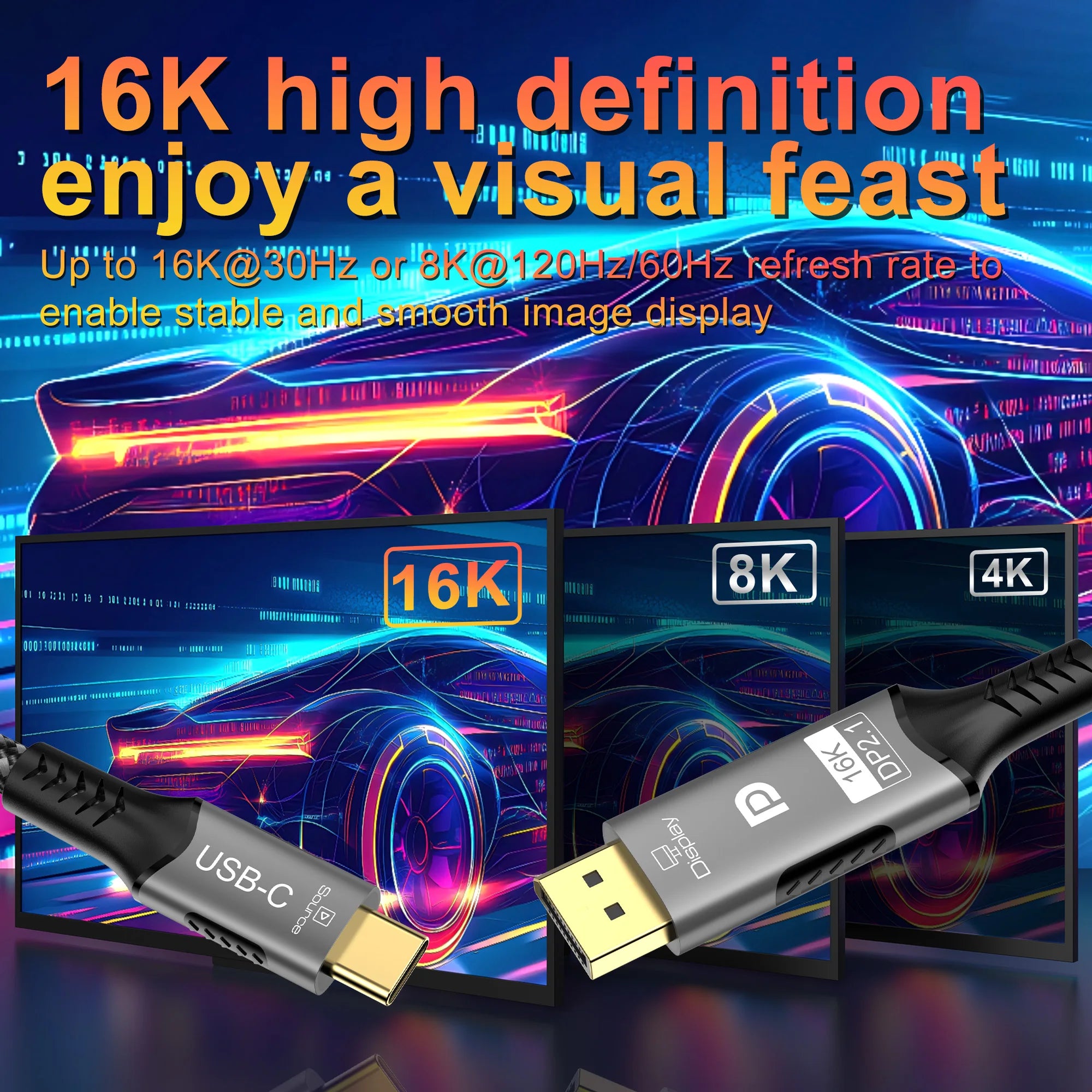 16K Type-C to DP 2.1 USB C to DisplayPort Cable 16K@30Hz 8K@60Hz For Thunderbolt 4/3 54Gpbs MacBook Huawei Air Projector PC TV