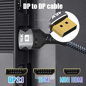 DisplayPort Cable 16K DP 2.1 Cable 16k@30Hz 8K@60Hz,4K@144Hz,HBR3 Support 80Gbps,HDCP 2.2, HDR10 for Gaming Monitor Graphics PC