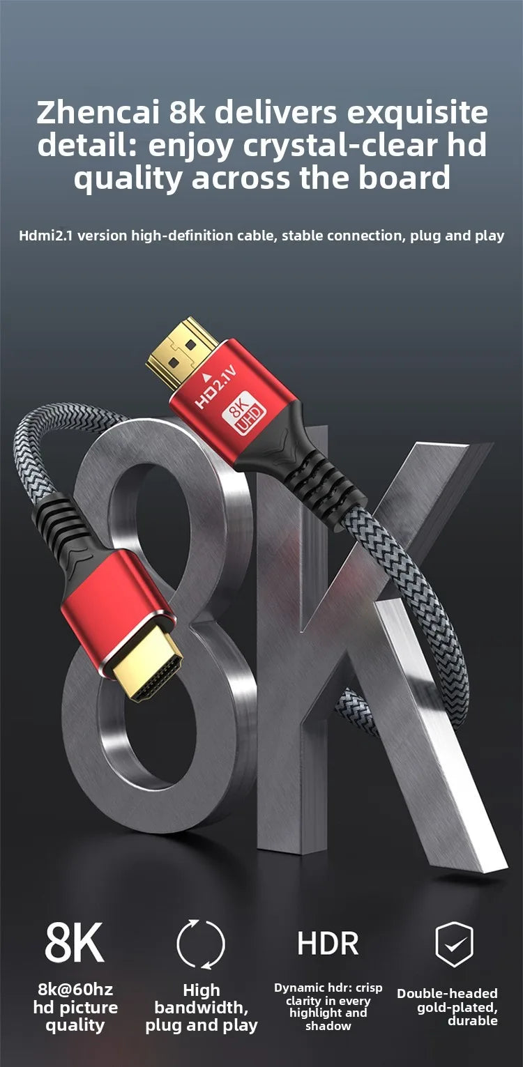 8K HDTV Cable for CATV Converter Box, PS5. Ultra High Speed Compatible . 8K @60Hz HDTV 2.1 Cable 48Gbps eARC Dolby Vision