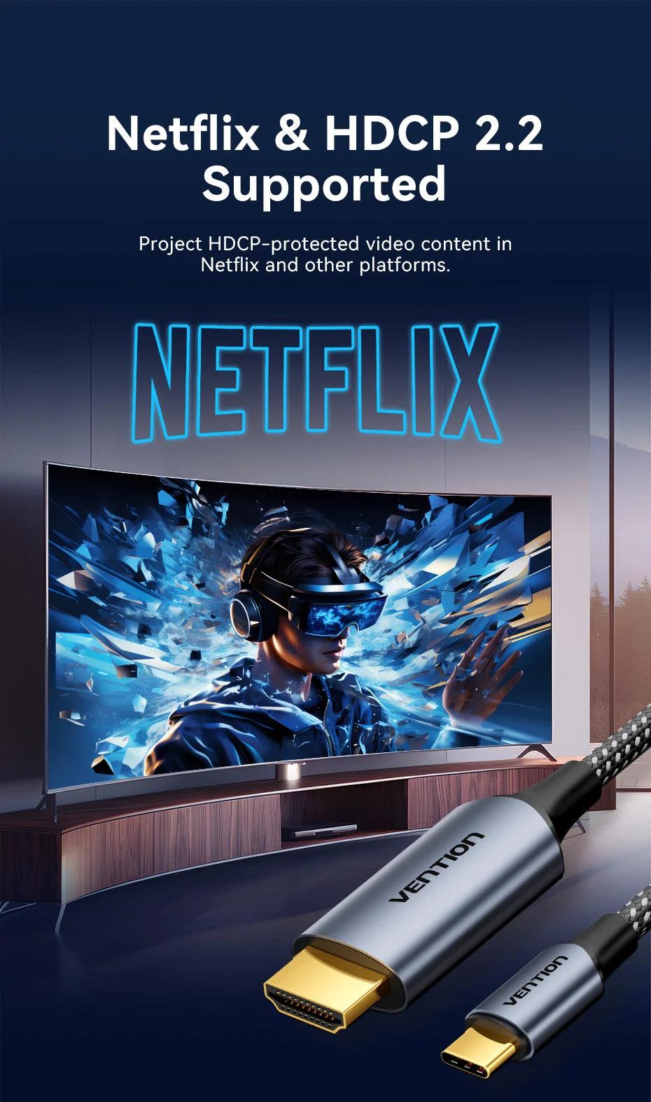 Vention Type C to HDMI-compatible Cable 8K/60Hz 4K/120Hz for MacBook Pro iMac iPad Pro for Samsung Xiaomi USB C to HDMI 2.1