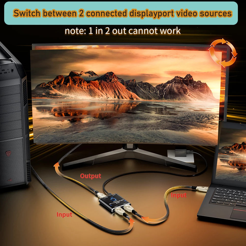 DisplayPort Switch 2 in 1 out DisplayPort 1.4 Video Selector Switcher 2X1 8K 60Hz 5K 120Hz 4K 144Hz for PC Laptop Monitor