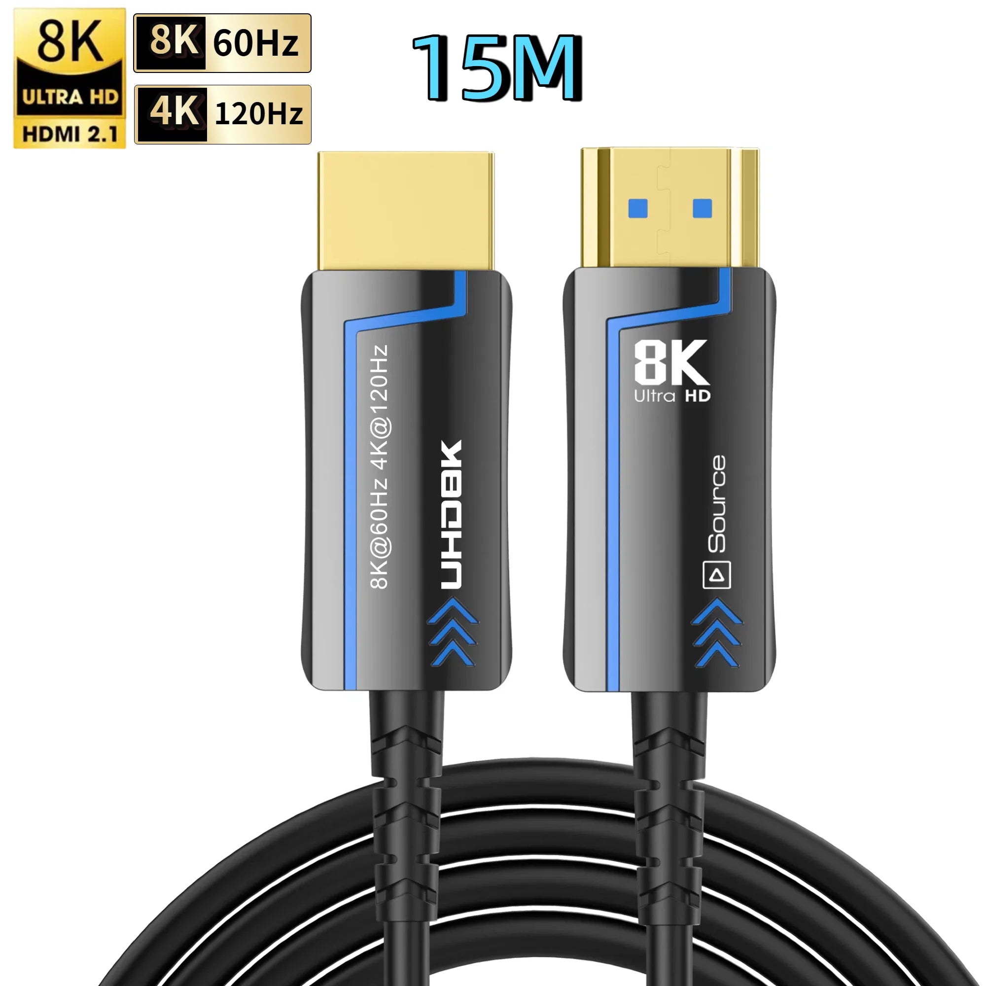 8K 60Hz Ultra High Speed Fiber Optic HDMI Cable, version 2.1. Supports 48Gbps, and 4K 120Hz HDR eARC 3D TV. Available in 2Meter, 5Meter, 10Meter, 15Meter, 20Meter, 30Meter, and 50Meter For HDMI over long distance.
