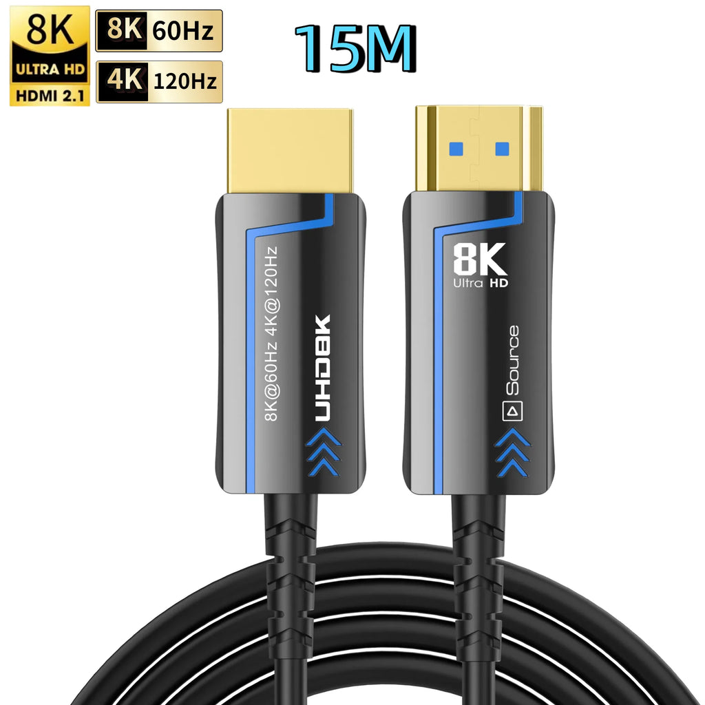 8K 60Hz Ultra High Speed Fiber Optic HDMI Cable, version 2.1. Supports 48Gbps, and 4K 120Hz HDR eARC 3D TV. Available in 2Meter, 5Meter, 10Meter, 15Meter, 20Meter, 30Meter, and 50Meter For HDMI over long distance.