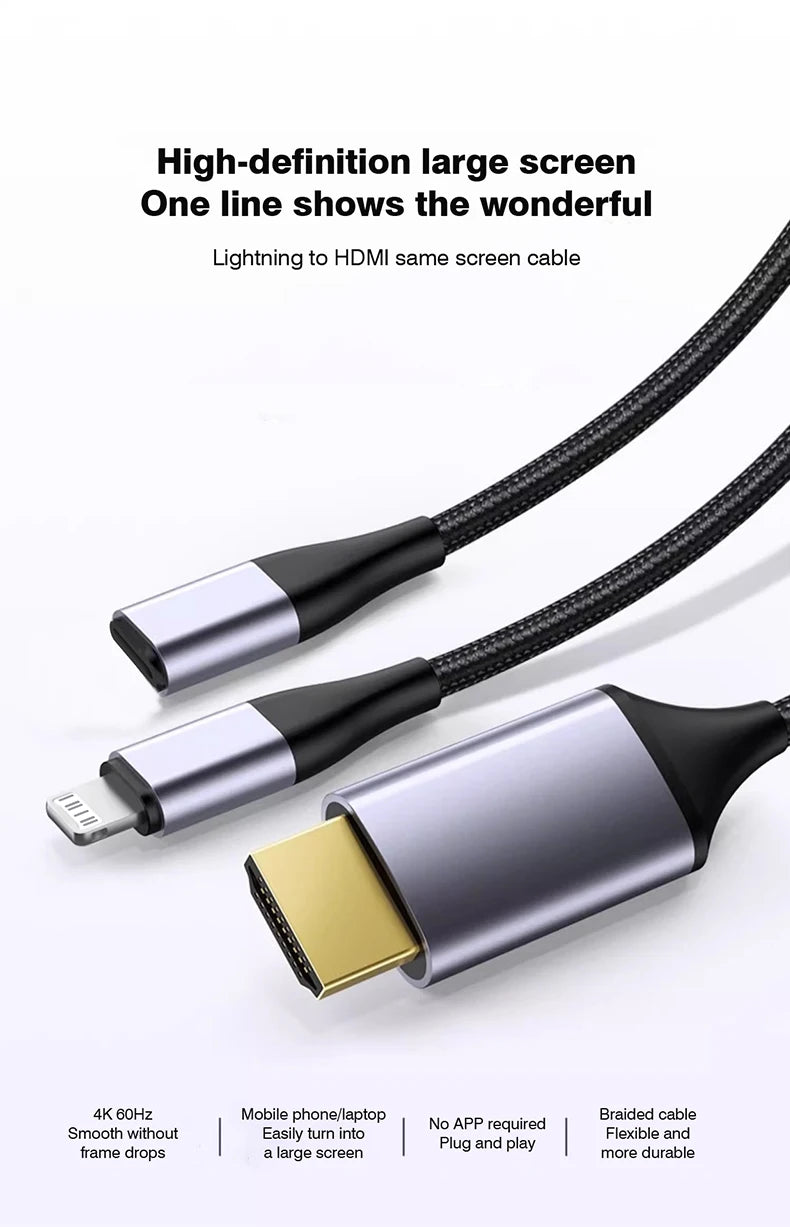 Lightning to HDMI adapter 4K HD For iPhone 14 13 12 Connection HDTV Monitor Projector Display Synchronous Audio 2M Cable
