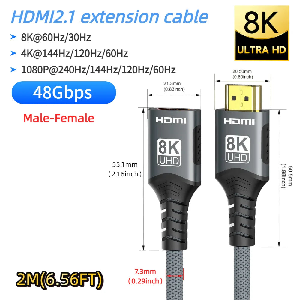 8K HDMI 2.1 Extension cable. Supports 8K@60Hz, 4K@120Hz.  Works with HDTV, RTX, PS5 TV Xbox eARC HDR Video PC Laptop and more.