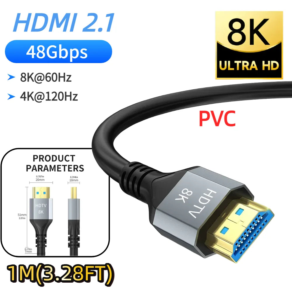 8K HDMI 2.1 Extension cable. Supports 8K@60Hz, 4K@120Hz.  Works with HDTV, RTX, PS5 TV Xbox eARC HDR Video PC Laptop and more.