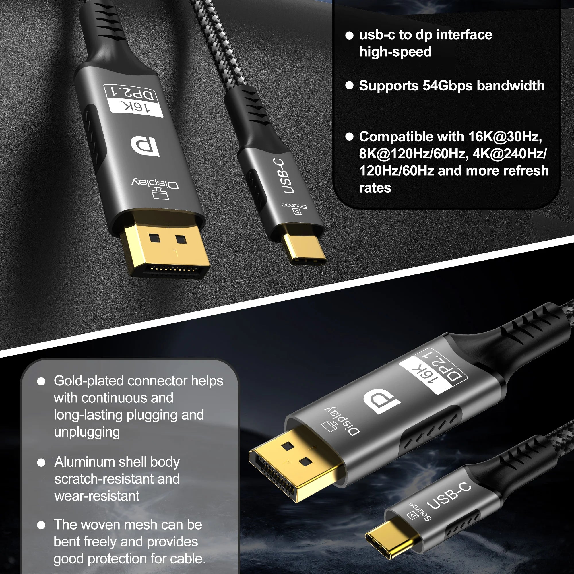 16K Type-C to DP 2.1 USB C to DisplayPort Cable 16K@30Hz 8K@60Hz For Thunderbolt 4/3 54Gpbs MacBook Huawei Air Projector PC TV