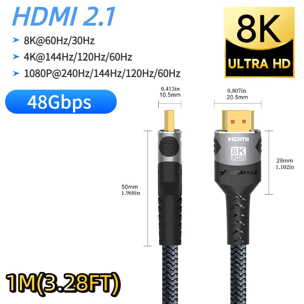 8K HDMI 2.1 Extension cable. Supports 8K@60Hz, 4K@120Hz.  Works with HDTV, RTX, PS5 TV Xbox eARC HDR Video PC Laptop and more.