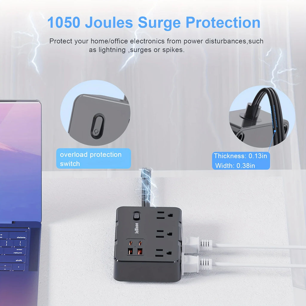 Surge Protector with 6 Outlets , 4 USB Ports, 5ft Ultra Thin Flat Power cord, Power Adapter for Home or Office