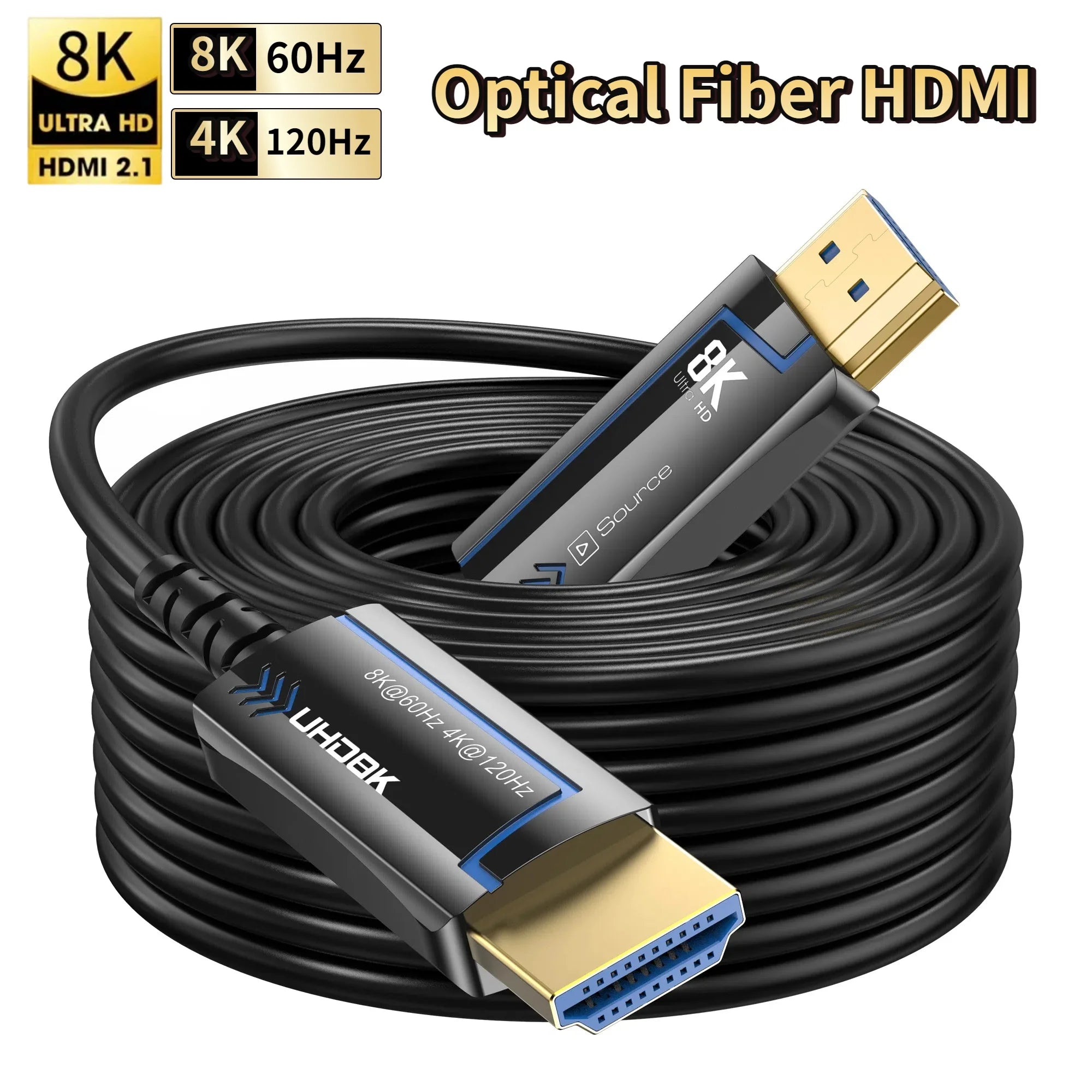 8K 60Hz Ultra High Speed Fiber Optic HDMI Cable, version 2.1. Supports 48Gbps, and 4K 120Hz HDR eARC 3D TV. Available in 2Meter, 5Meter, 10Meter, 15Meter, 20Meter, 30Meter, and 50Meter For HDMI over long distance.