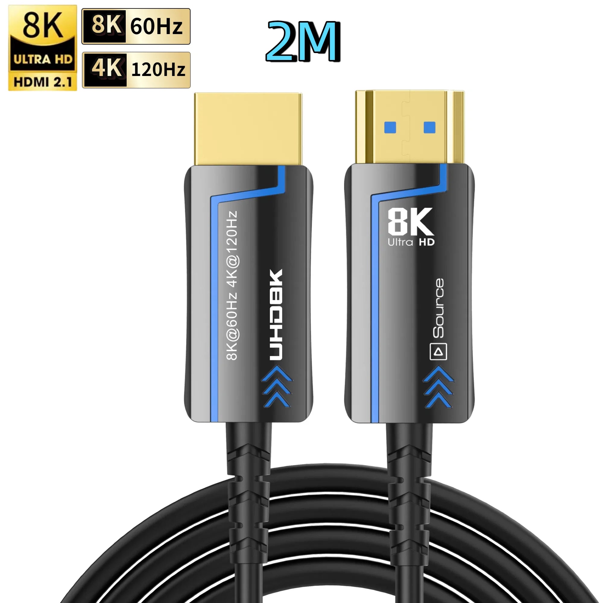8K 60Hz Ultra High Speed Fiber Optic HDMI Cable, version 2.1. Supports 48Gbps, and 4K 120Hz HDR eARC 3D TV. Available in 2Meter, 5Meter, 10Meter, 15Meter, 20Meter, 30Meter, and 50Meter For HDMI over long distance.