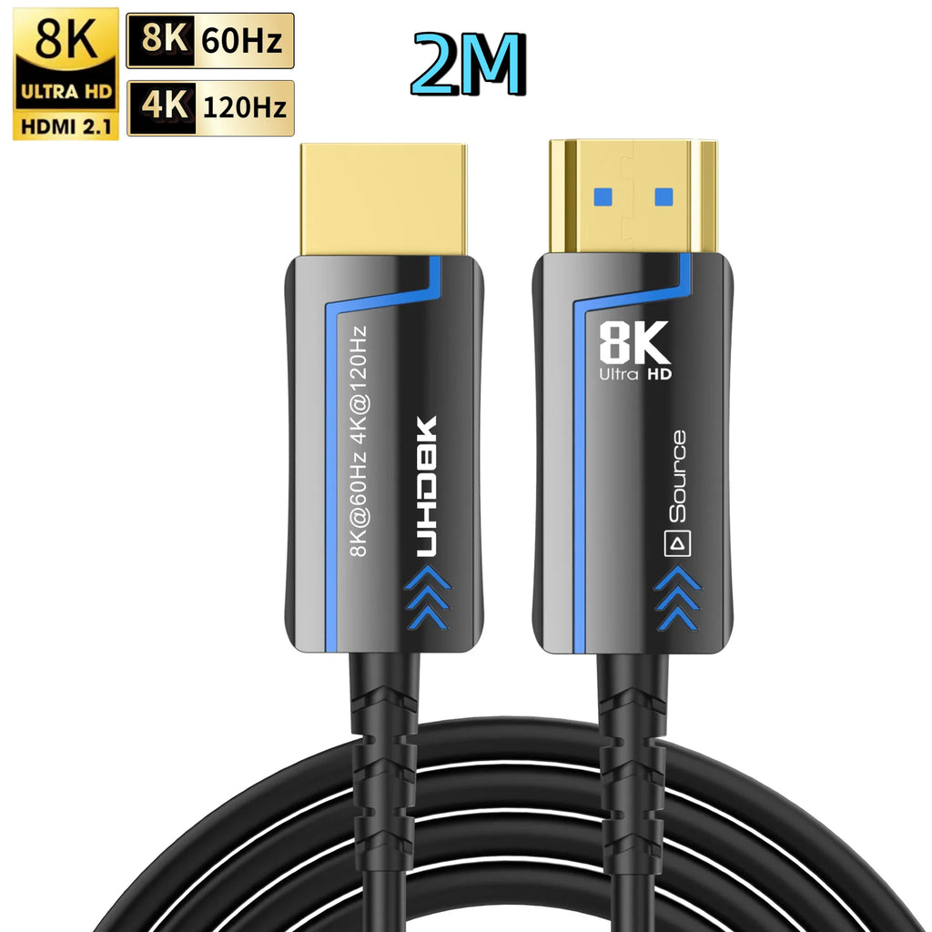 8K 60Hz Ultra High Speed Fiber Optic HDMI Cable, version 2.1. Supports 48Gbps, and 4K 120Hz HDR eARC 3D TV. Available in 2Meter, 5Meter, 10Meter, 15Meter, 20Meter, 30Meter, and 50Meter For HDMI over long distance.