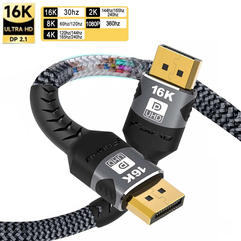 DisplayPort Cable 16K DP 2.1 Cable 16k@30Hz 8K@60Hz,4K@144Hz,HBR3 Support 80Gbps,HDCP 2.2, HDR10 for Gaming Monitor Graphics PC